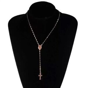 B172 WOMENS GOLD TONE CRUCIFIX AND VIRGIN MARY PENDANTS ROSARY CHAIN NECKLACE